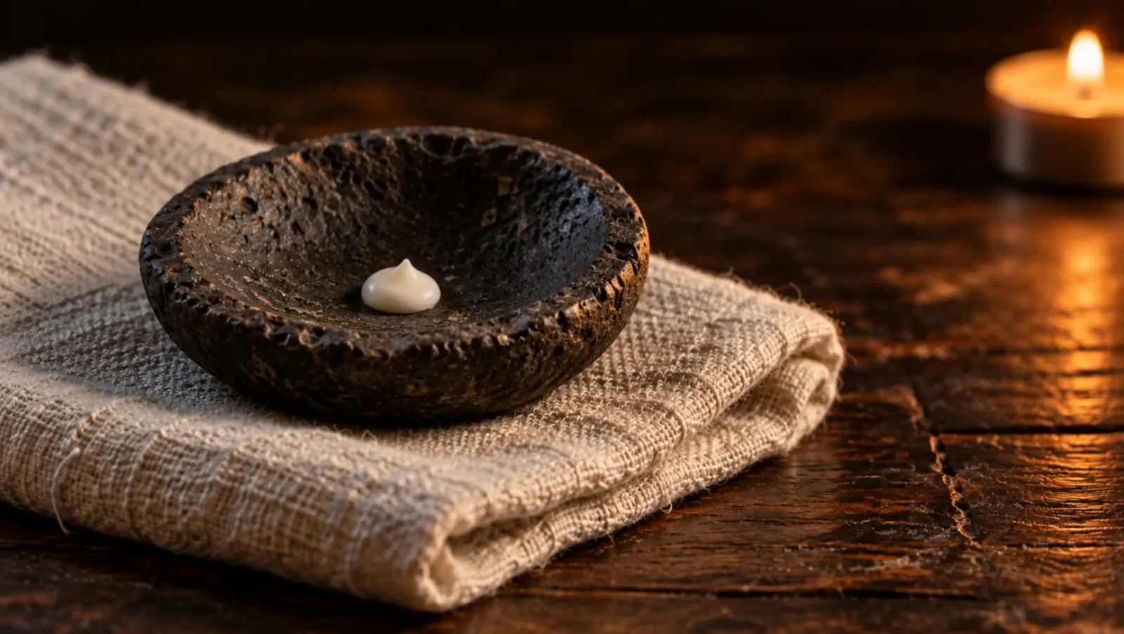 Illustrative stone dish with a bead of lotion on folded cream linen.