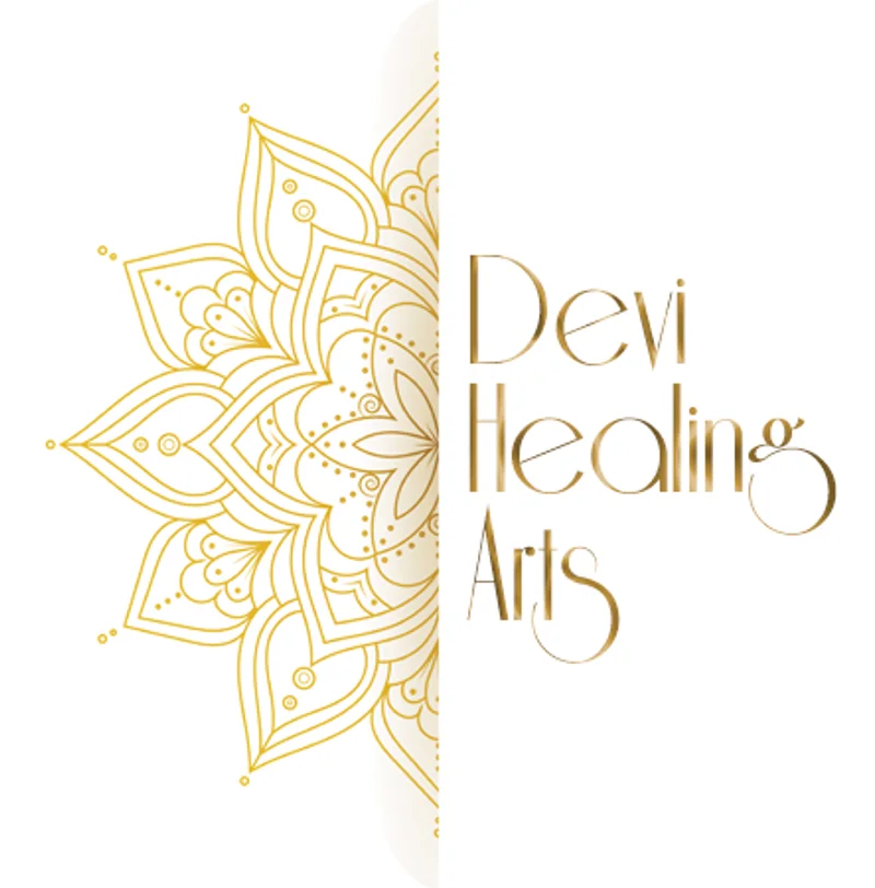 Deví Healing Arts gold mandala and wordmark